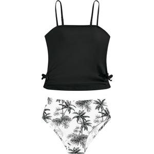 Girls Tankini Swimsuits Two Piece Bathing Suit Drawstring Swimwear Set for Girls 7-14 Years (15-16 Years, Black-palmet)