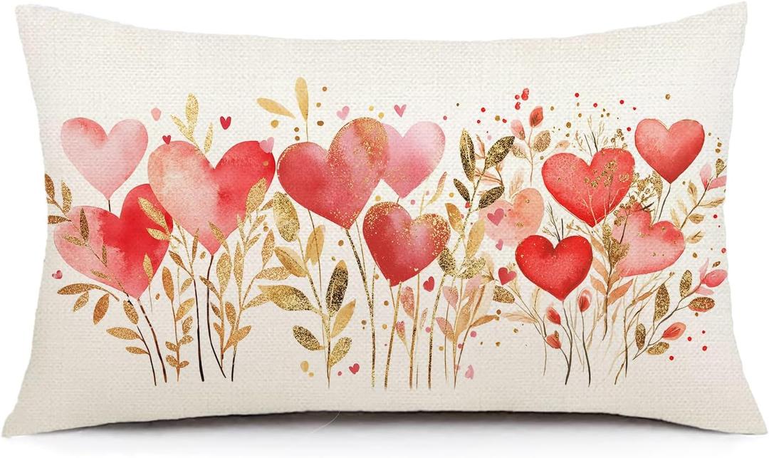 AOFANGGO Valentines Day Pillow Cover 12X20 Inch Pink Love Heart Botanical Romantic Decor Holiday Farmhouse Pillow Case Gifts Decoration for Home Sofa Couch