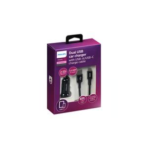 Phillips Dual USB Car Charger With USB A/USB C Charge Cable