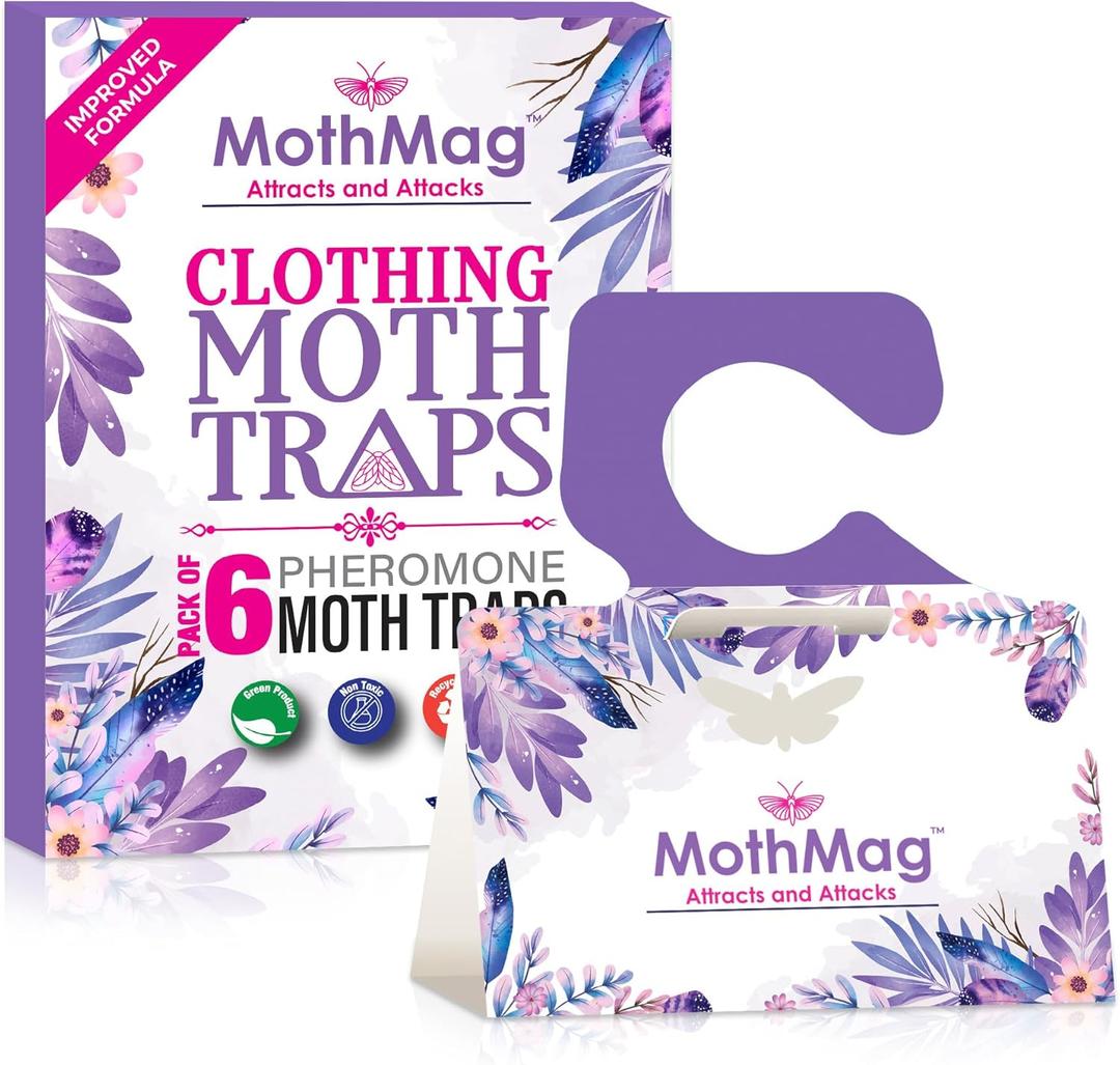 MothMag Moth Traps for Clothes, Closets, Fabrics, and Carpets, Clothing Moth Traps, Clothes Moth Traps, Closet Moth Traps, Moth Pheromone Traps, Extra-Strength Adhesive Glue Clothes Moth Trap, 6 Pack