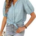 CiCiBird Women Button Down Print Shirt Summer Casual V Neck Tops Trendy Dressy Short Puff Sleeve Blouse (Blue, L)