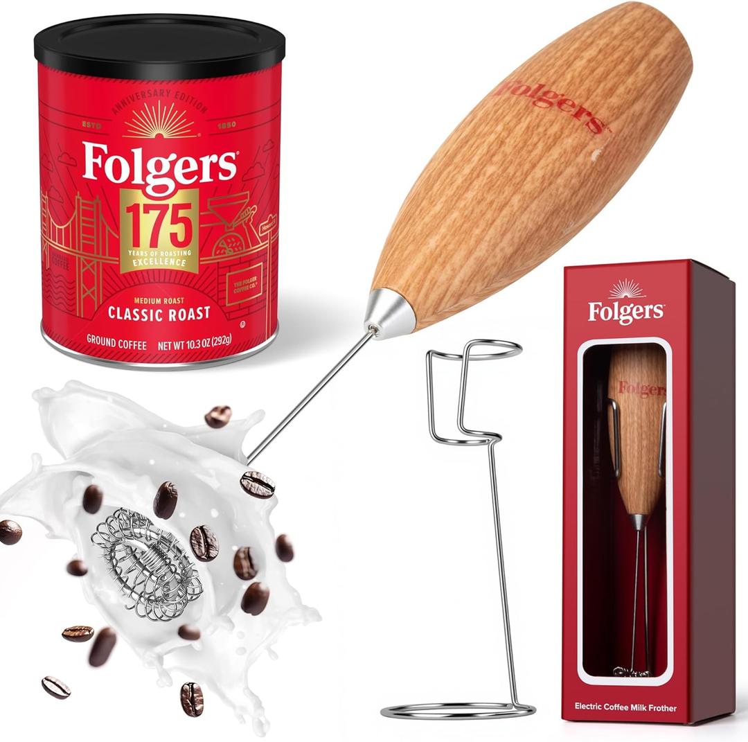 Folgers Electric Coffee Milk Frother  Handheld Battery-Operated Drink Mixer with Stainless Steel Whisk & Stand, Wood-Grain Finish, Perfect for Lattes, Cappuccinos & Hot Chocolate