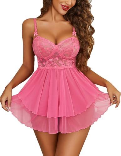 Avidlove Womens Babydoll Lingerie Lace Chemise Floral Sexy Nightgown Embroidered Lingerie Dress Boudoir Nightie (Pink, Small)