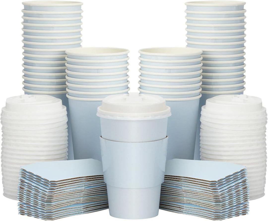 Sparkle and Bash 48 Pack 16 Oz To Go Coffee Cups with Lids and Sleeves for Baby Shower and Birthday Party Supplies, Home, and Restaurant - Light Blue Disposable Coffee Cups with Lids (Light Blue)