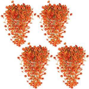 TURNMEON 4 Pcs Artificial Hanging Fall Flowers Fall Decorations, Fake Mums for Outdoors UV Resistant Hanging Plants Faux Silk Daisy Flowers for Autumn Decor Home Indoor Outside Gardens Porch (Orange)