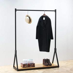 Modern Simple Heavy Duty Metal Rolling Garment Rack with Wheel,Retail Display Clothing Rack with Wood, Single Rod Floor-Standing Hangers Clothes Shelves (Black Square Tube B, 47.2 L)