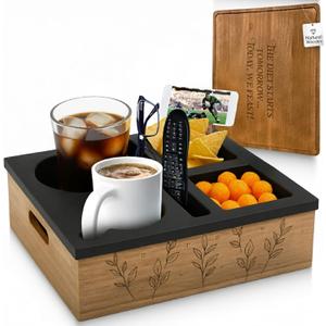 Couch Cup Holder and Serving Tray , Anti- Spill Couch Caddy , Silicone Paulownia Wood Cup Holder for Couch , Proof Couch Caddy Practical for Drinks ,Snacks, Remote Control, Rotatable Phone Holder.