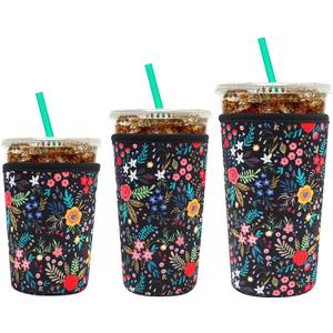 YR Reusable Neoprene Insulator Sleeve for Iced Coffee Cups, 3 Pack Coffee Coolies sleeves for Iced & Hot Drinks, Cold Beverage Cooler Compatible with Starbucks Coffee and More (Little Flower)