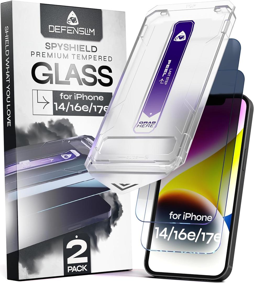 Defenslim for iPhone 14 / 16e / 17e Privacy Screen Protector (2Pack), Easy Auto-Dust & Align Install Kit, 6.1" Tempered Glass, 9H Hardness, Privacy Protection, Case Friendly, SpyShield