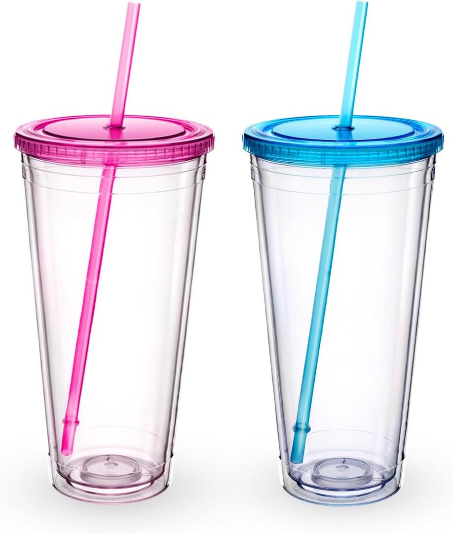 Zukro Clear Acrylic Tumbler with Straw and Lid 32 oz, Double Walled Insulated Reusable Plastic Iced Coffee Cup, To Go Cup Perfect for Parties, Birthdays, Fit in Cupholder, BPA Free, Red & Blue 2 Pack