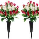 2 x 2 Sets Artificial Cemetery Flowers with Vase Memorial Flowers Bouquet & Heavy-Ground Spike Vases Fade-Proof, Windproof Grave Memorial Flowers for Cemetery Headstones Decoration (Rose red white)