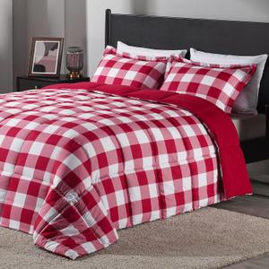 downluxe Lightweight Plaid Comforter Set (Twin) with 1 Pillow Sham - 2-Piece Set - Red/White Plaid - Down Alternative Reversible Comforter