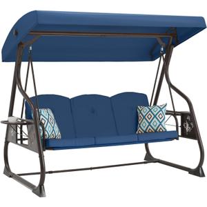 3-Seat Patio Porch Swing 800LBS Outdoor Swing with Stand w/Canopy & Adjustable Backrest Patio Glider Chair w/Removable Pillows & Foldable Side Tray for Balcony Garden Deck (Blue)