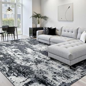 Washable Area Rugs 8'x10' Non-Slip Modern Abstract Soft for Living Room Entryway Bedroom Nursery, Print Pattern, Black Gray