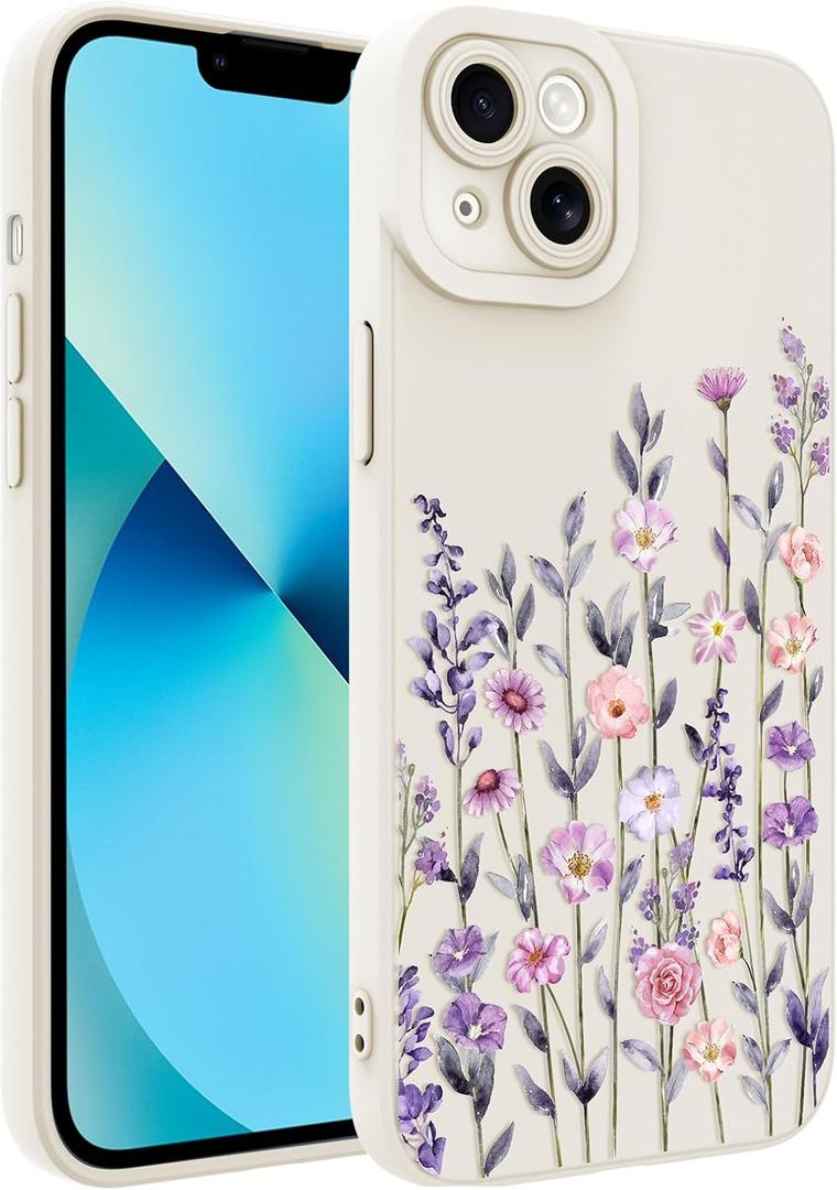 Designed for iPhone 13 Case, Cute Flower Floral Pattern Design, Slim Soft TPU Liquid Silicone Protective Cover for Women Girls - White