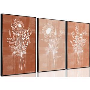 3Pcs Terracotta Floral Canvas Wall Art Mid-Century Flowers Bouquet Pictures Vintage Farmhouse Botanical Poster Prints Abstract Floral Wall Decor for Living Room Bedroom Office Bathroom 12x16in Unframed