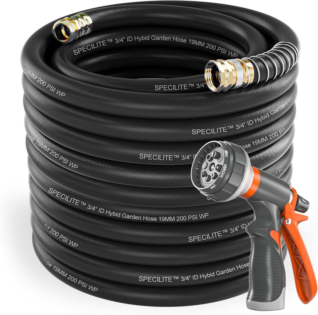 SPECILITE Garden Water Hose 150 ft x 3/4 in Heavy Duty, Flexible and Lightweight, Burst 600 psi, Kink-less Hybrid Rubber Pipe for Backyard, 3/4'' Brass Fittings, Black