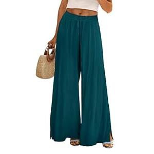 YESNO Women Summer Boho Palazzo Pants High Waist Wide Leg Floral L PP0 Solid Dark Cyan