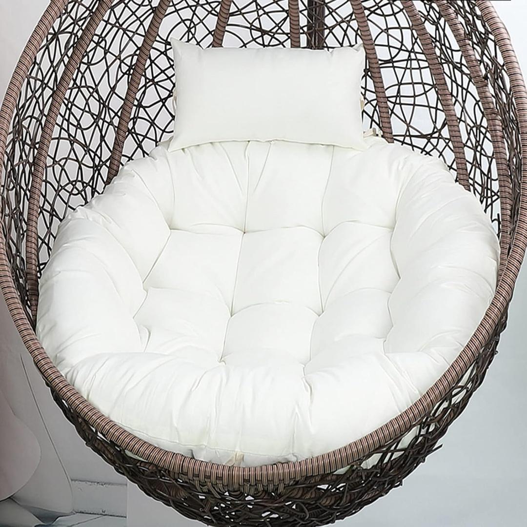 Outdoor Egg Chair Cushion with Headrest Pillow Washable Hanging Basket Chair Pads Wicker Rattan Hanging Seat Cushions for Outdoor Porch, White Egg Swing Chair Pads.45 * 45 * 4in