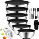 20-Piece Mixing Bowls Set with Airtight Lids 6 Stainless Steel Kitchen Bowls (4.5QT, 4QT, 3.5QT, 2.1QT, 1.5QT, 1.1QT), 3 Grater Attachments, Non-Slip Silicone Bottoms, Perfect for Baking & Serving