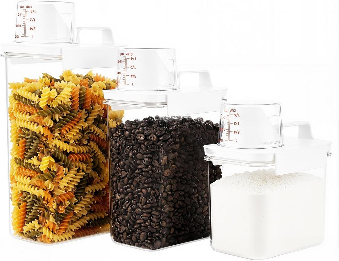 Airtight Grain Storage Containers with Measuring Cups, 3 Sizes | Well suited to kitchens, pantries, laundry rooms, refrigerators, or freezers when clear visibility and easy pouring matter, Large