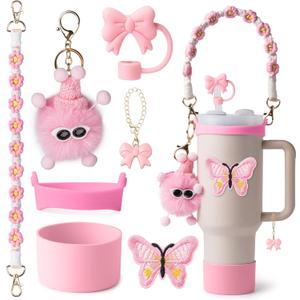 Stanley Cup Accessories Set I Water Bottle Handle Strap, Silicone Cup Boot, Lipstick Holder, Keychain Charms & Handle Charms,Straw Topper Accessories for Stanley Cups 40oz/30oz (Rose Quartz)
