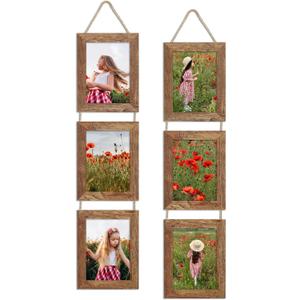 5x7 Collage Picture Frames Set of 2, Rustic Wooden Real Glass Vertical Hanging 3 Opening 5 by 7 Photo Frame, Rustic Brown