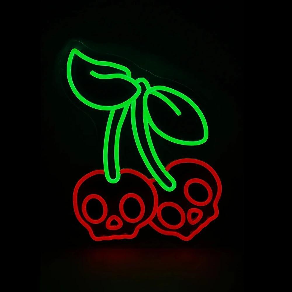 Cherry Halloween Neon Sign  Gothic Skull Cherries LED Wall Decor, Red & Green Light Up Sign for Bedroom, Bar, Summerween & Spooky Aesthetic