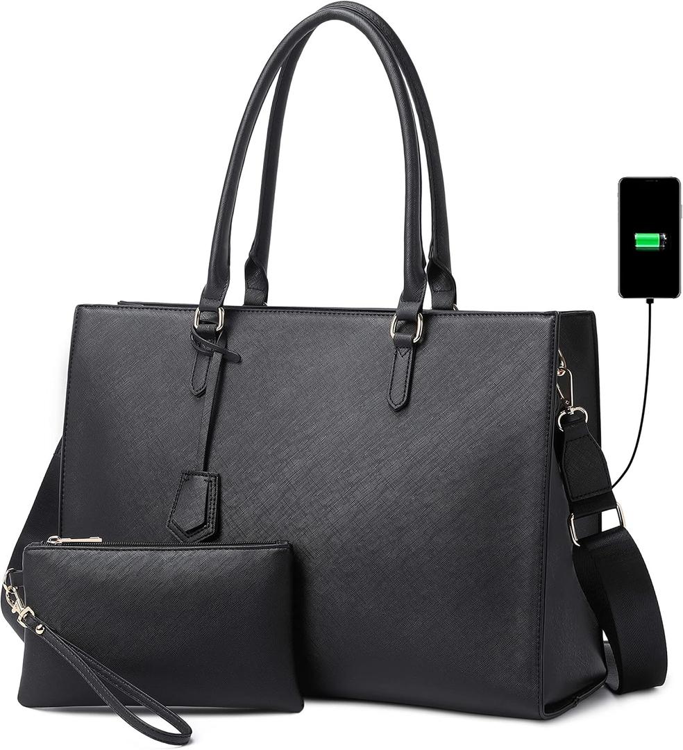 Laptop Bag for Women 17 inch Casual Work Bags with USB Charging Port Laptop Tote Bag with Clutch Purse (Black)