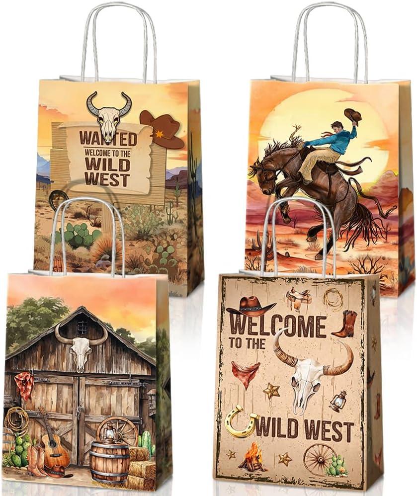 JOYGATHER 24 Pcs Cowboy Party Favors Bags with Handles, Western Wild West Goodie Gift Candy Kraft Paper Bags with 4 Different Types for Birthday Party Supplies Baby Shower Decorations