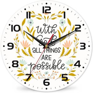 with God All Things are Possible Wall Clock, Vintage Wooden Battery Operated Non-Ticking 10 Inch Silent Art Decor for Girls and Kids