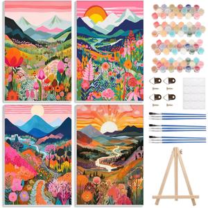 4 Pack Paint by Numbers Kits for Adults Beginners Framed Canvas, Adult Paint by Number Kit with Easel, Natural Abstract Landscapes Painting by Numbers for Beginners, Arts and Crafts for Decor 8x12inch