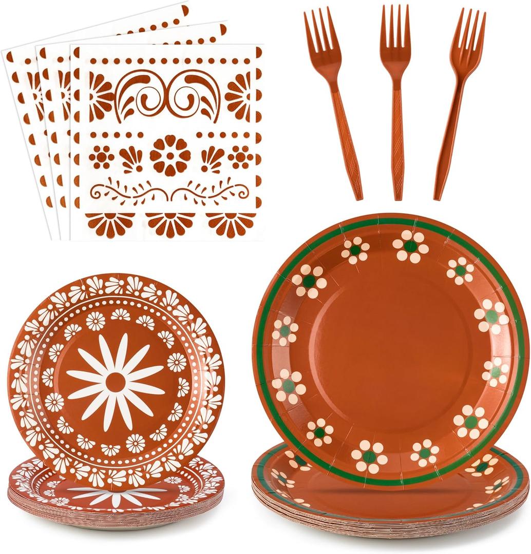 96Pcs Platos De Barro Mexicanos Cielito Lindo Terracotta Clay Party Plates Supplies Tableware Decorations Disposable Paper Plates Napkins Forks for Birthday Wedding Baby Shower, Serves 24