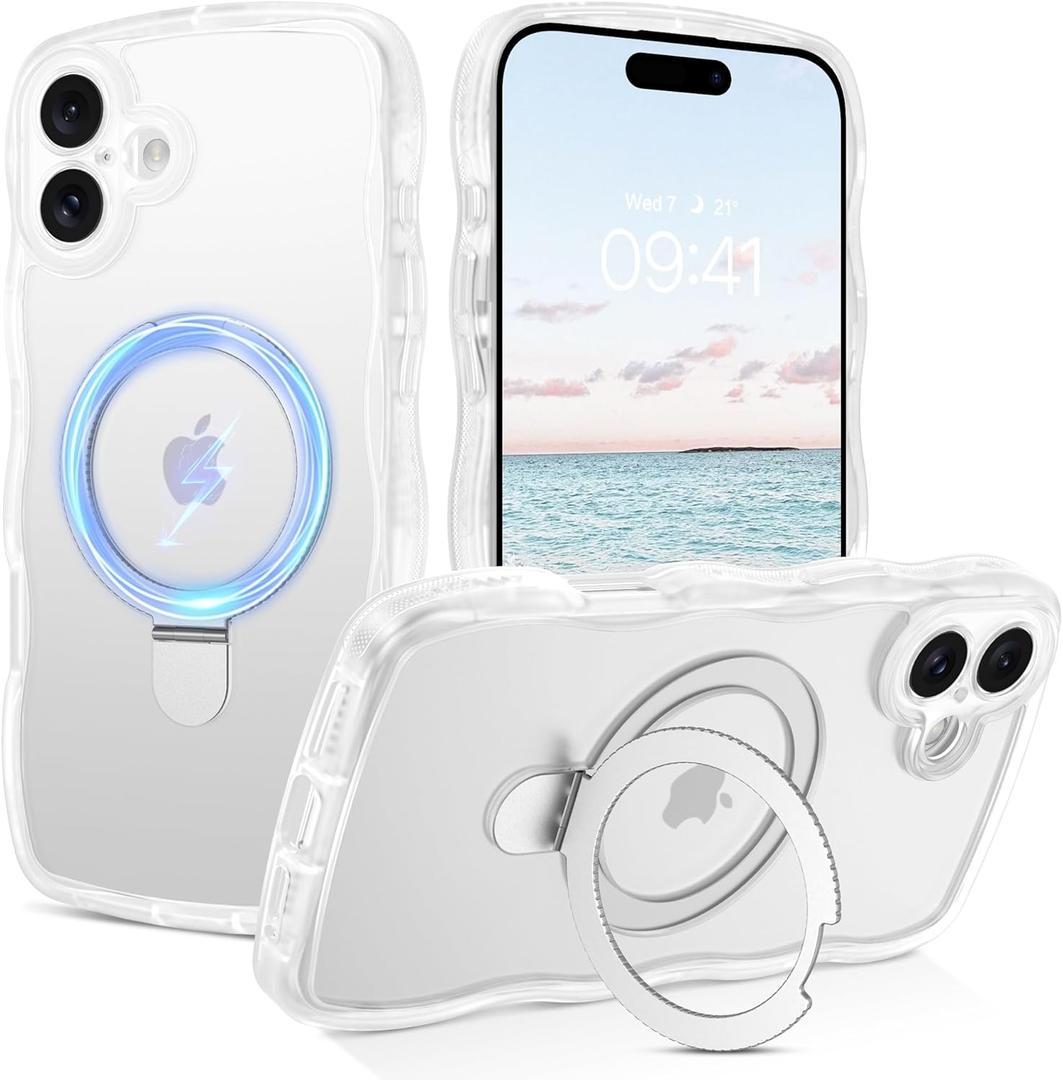 BENTOBEN Magnetic for iPhone 16 Plus Case, Wavy Curly iPhone 16 Plus Phone Case with Ring Stand [Compatible with MagSafe] Translucent Matte Shockproof Protective Cover for 16 Plus 6.7'', White