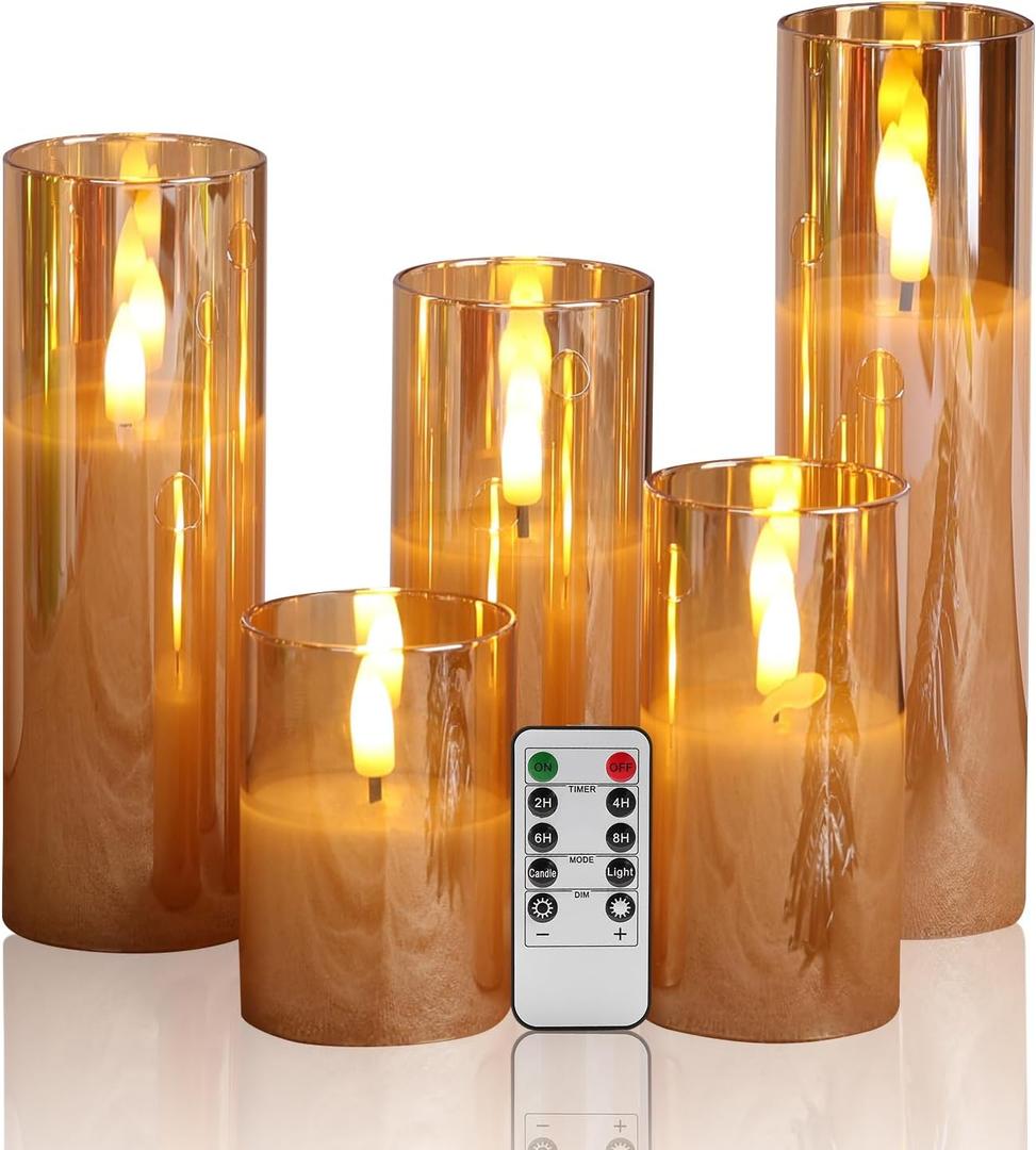 Eywamage 5 Pack Gold Glass Flameless Candles with Remote, Flickering Slim Tall LED Pillar Votive Candles Battery Included
