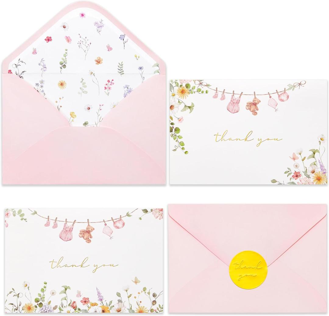 Crisky Baby Shower Thank You Cards with Envelopes & Stickers, 50 Pack Pink Gold Baby Thank You Greeting Cards Bulk for Girl, Watercolor Delicate Wildflower Design