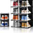 10 Pack Shoe Boxes Stackable,Upgraded Sturdy Storage Boxes with Clear Magnetic Door,Multifunctional Sneaker Organizer Fit up to US Size 12 (13.8x 9.84x 7.1) (Black Clear)