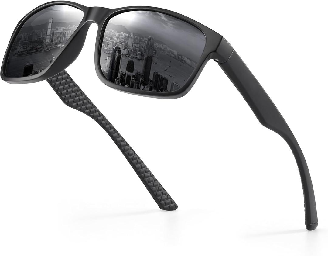 Polarized Sunglasses for Men Womens, Mens Sunglasses UV Protection, Black Square Sun Glasses Driving Fishing Golf (A01- Matte Black/Gray Lens)