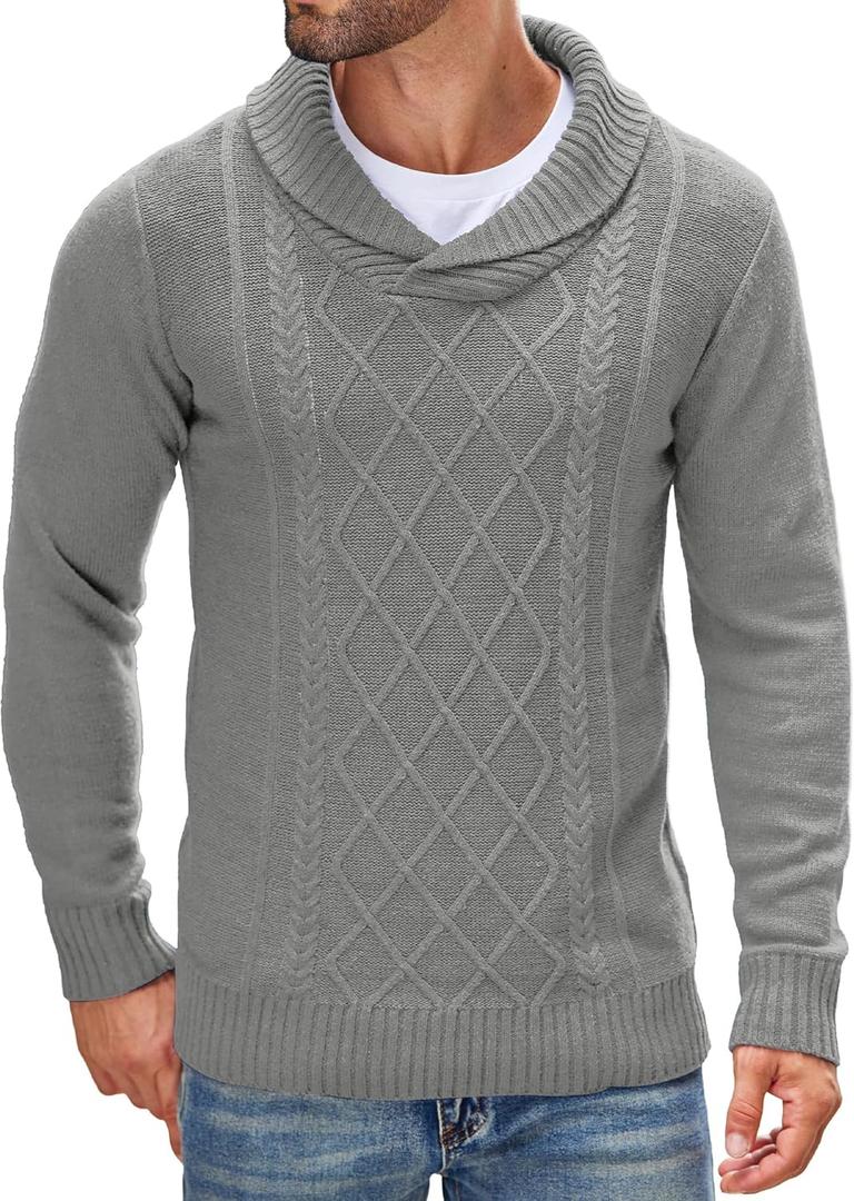 COOFANDY Men's Shawl Collar Sweaters V-Neck Cotton Relaxed Fit Cable Pullover (Light Grey, Large)