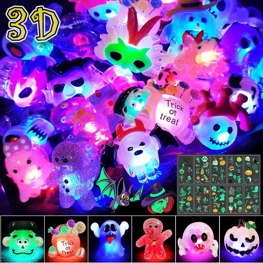 38Pcs Halloween Party Favors for Kids, 3D Light Up Rings Bulk Toys Halloween Treats Non Candy, 28 Led Flashing Rings & 10 Luminous Tattoos, Halloween Goodie Bag Fillers Glow In The Dark Party Supplies