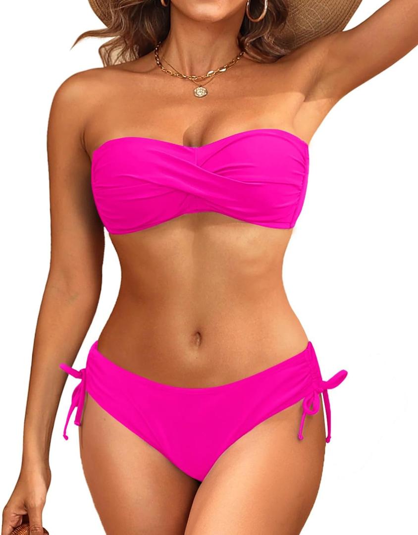 Women's Strapless Bandeau Bikini Set - Twist Front Two Piece Swimsuit Top with Side Tie Bathing Suit Bottom (Large, Hot Pink)