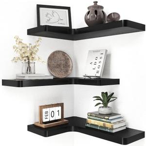 fuqing Corner Floating Shelves for Storage, Set of 3, Solid Wood, Wall Mount Wooden Display Shelf for Bathroom Bedroom Kitchen Garage, Black (Invisible Bracket, Black)