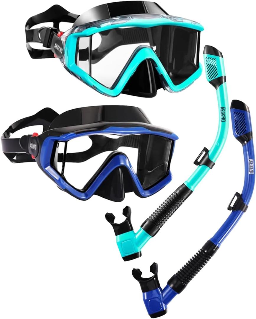 Aegend Snorkeling Gear for Adults Youth Kids, Snorkel Mask with Top Dry Valve - Panoramic View Anti-Leak and Anti-Fog with Mesh Bag for Snorkeling, Scuba Diving, Freediving & Swimming (2 PACK - Green & Deep Blue)