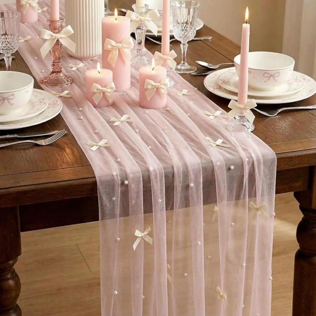 Pink Pearl Table Runner 30 x 120 Inch White Bow Tulle Lace Table Runner Gauze Sheer Coquette Boho Wedding Centerpiece Decor for Baby Shower Bridal Party Wedding Arch Veil Birthday Decor