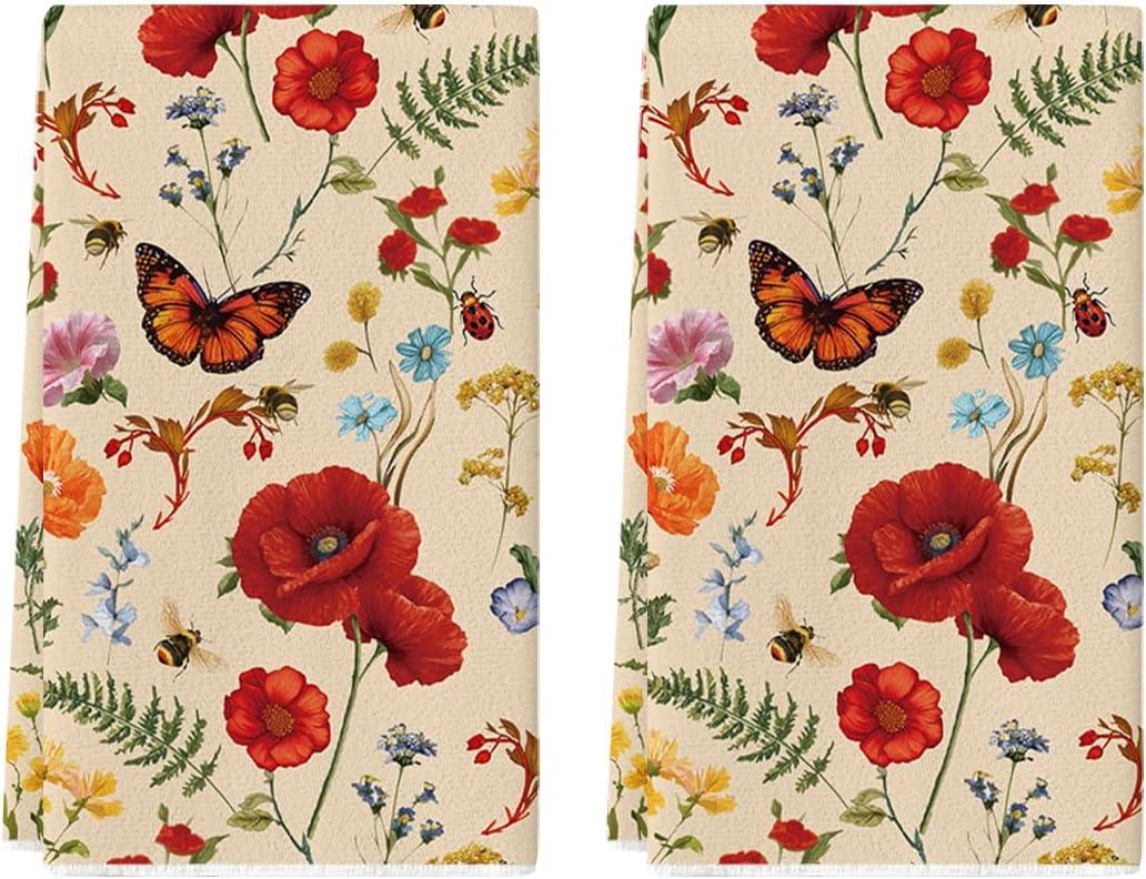 Artoid Mode Bee Butterfly Floral Spring Kitchen Towels Dish Towels, 18x26 Inch Farmhouse Summer Decoration Cleaning Set of 2