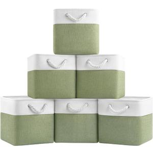Patvingot 11 Inch Cube Storage Bins, 6 Pack Fabric Storage Cubes with Rope Handles, Organizer Baskets for Closet Shelves, Clothes and Home Organization(White/Green)