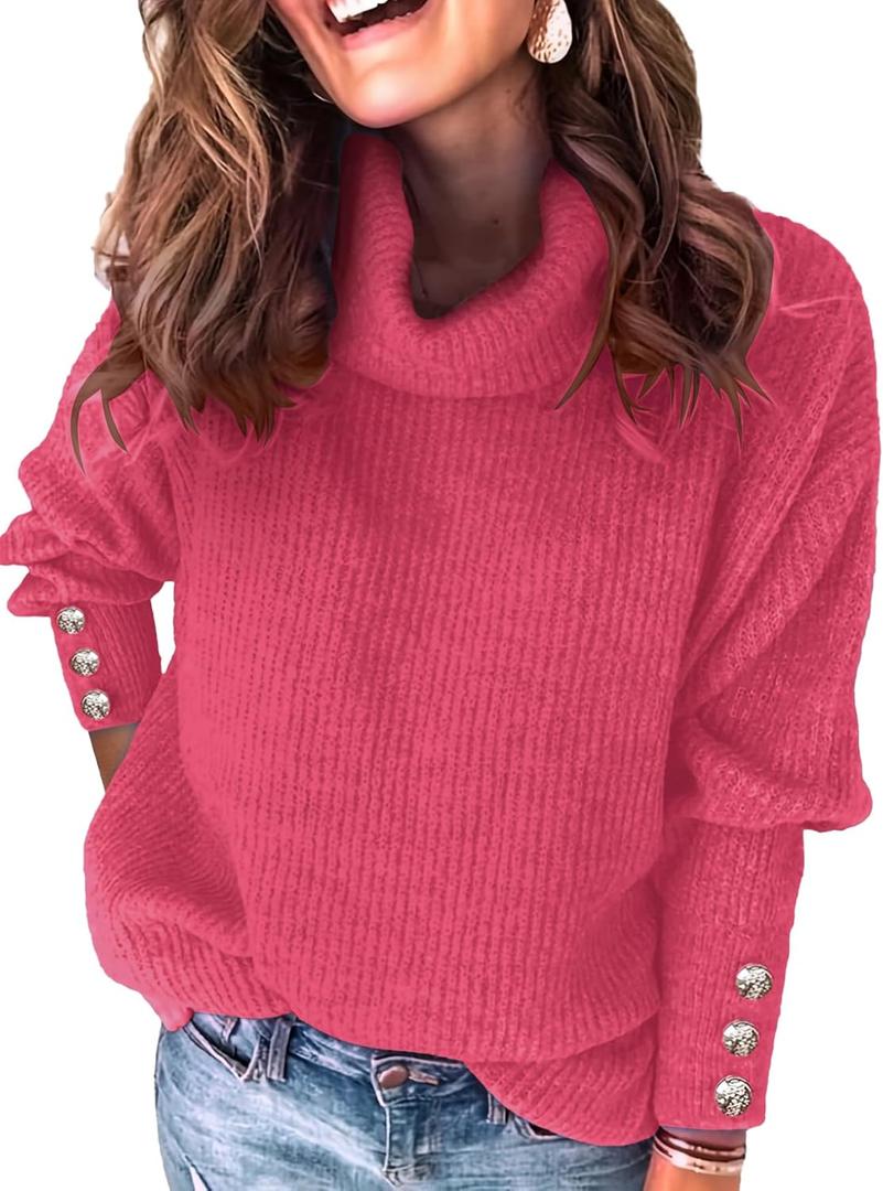 Libsorge Womens Oversized Turtleneck Sweaters Spring 2026 Lightweight Thin Ribbed Knit Button Cropped Pullover Top (Pink, L)