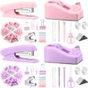 2 Set Mini Office Supplies Set Stapler and Tape Dispenser Kit for Women Desk Sets and Accessories Office Supply Kit, 1000 Staples, Staple Remover, Scissors, Pen, Tabs, Ruler, Clips