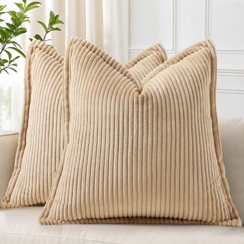 decorUhome Summer Corduroy Light Brown Euro Sham Throw Pillow Covers 24x24 Set of 2 Decorative Soft Boho Farmhouse Couch Pillow Covers for Living Room Bed Sofa Broadside Striped Pillow Cases