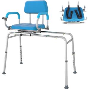 Sliding Shower Chair with Swivel Seat, Tub Transfer Bench for Bathtub, Padded Shower Bench with Pivoting Arms, Height Adjustable Shower Seat for Tubs, Inside Shower for Handicap & Seniors (330LB-Blue Slide  &Swivel Chair)